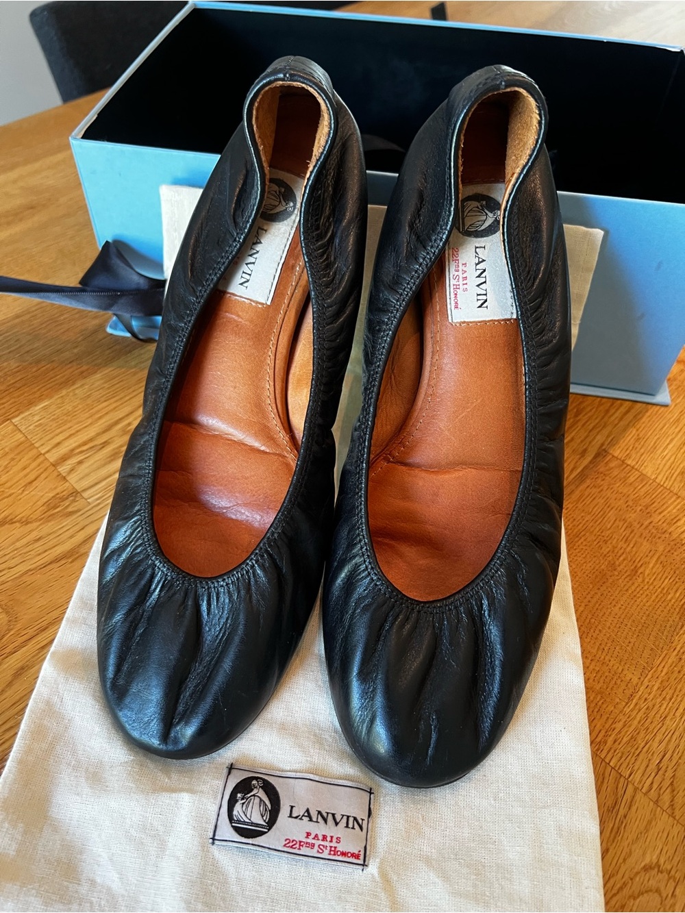 Lanvin Black Leather Elasticated Ballet Flats - Size 8.5 Excellent Condition